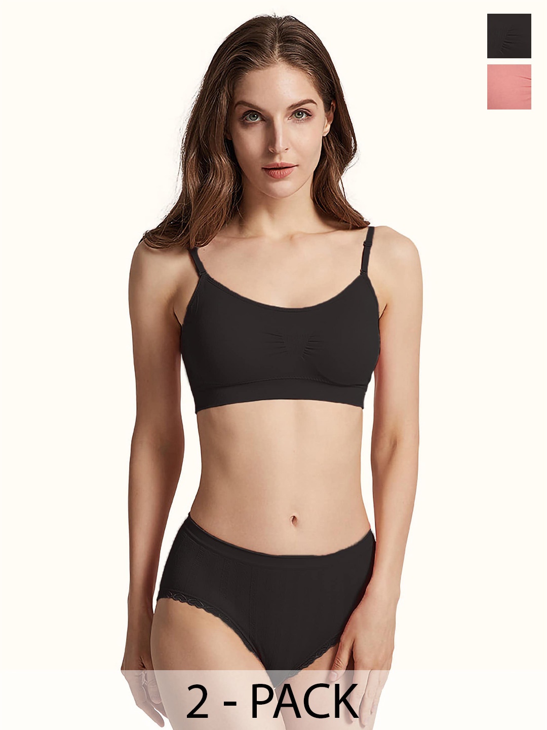 

AROUSY Pack Of 2 Mid Rise Cotton Bra & Panty Set K_Nora Set_2, Black