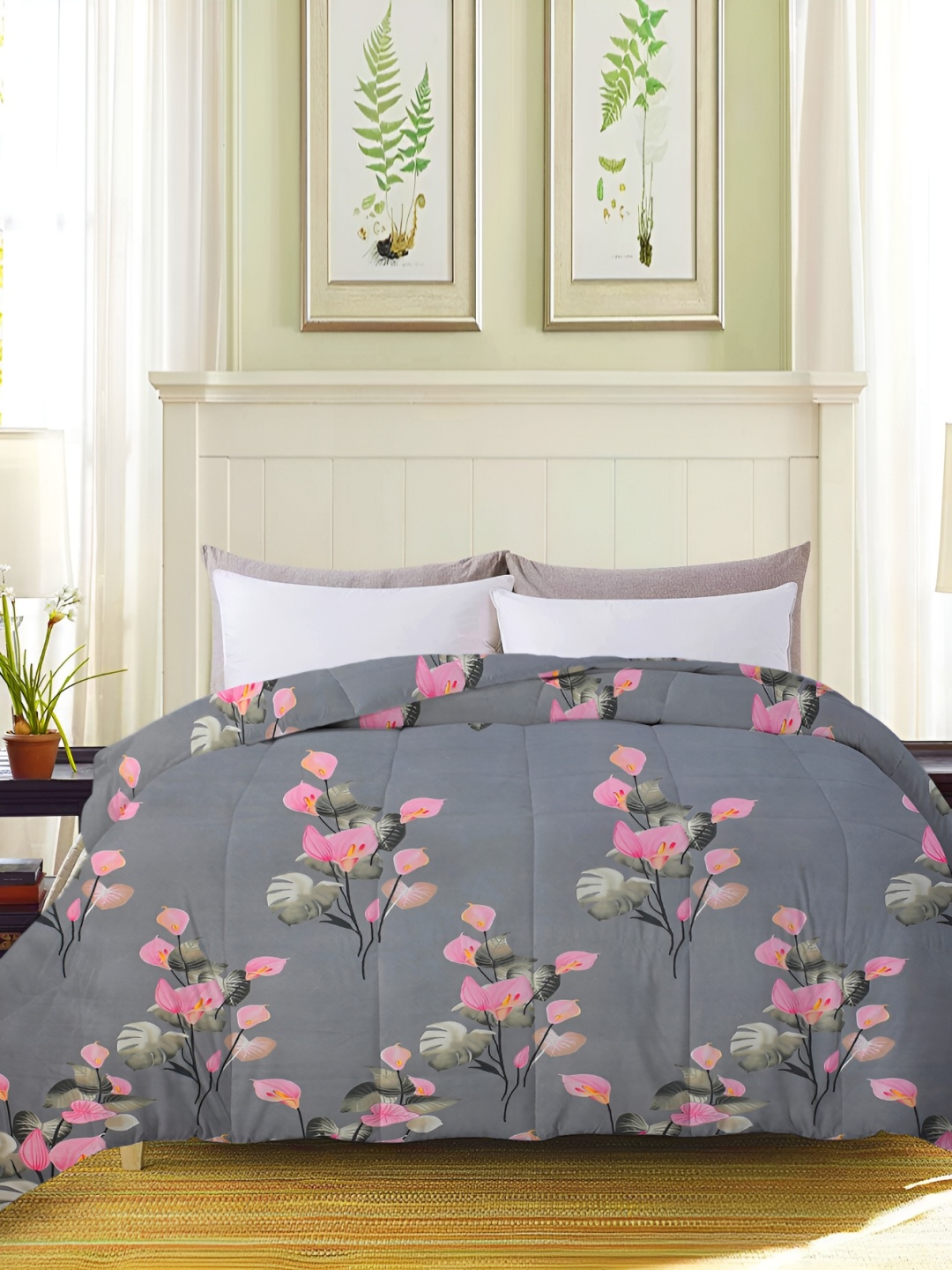 

bsb home Grey & Pink Floral Printed Heavy Winter 210 GSM Single Bed Comforter