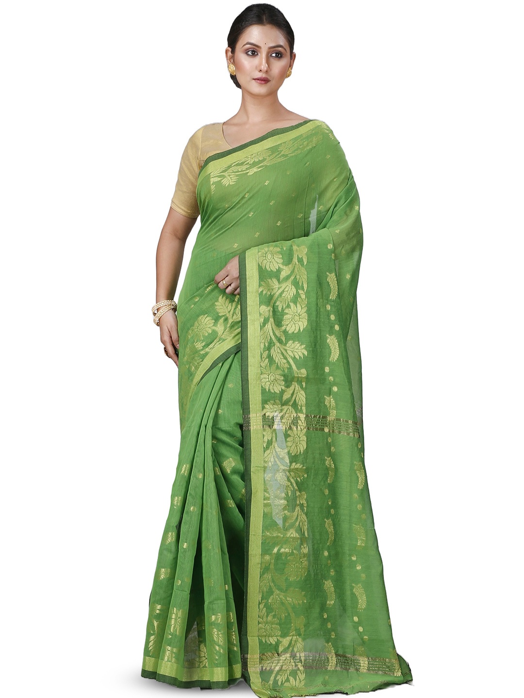 

PuJoy Woven Design Cotton Zari Taant Saree, Green