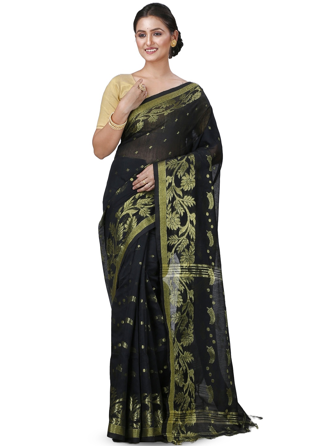 

PuJoy Woven Design Zari Cotton Taant Saree, Black
