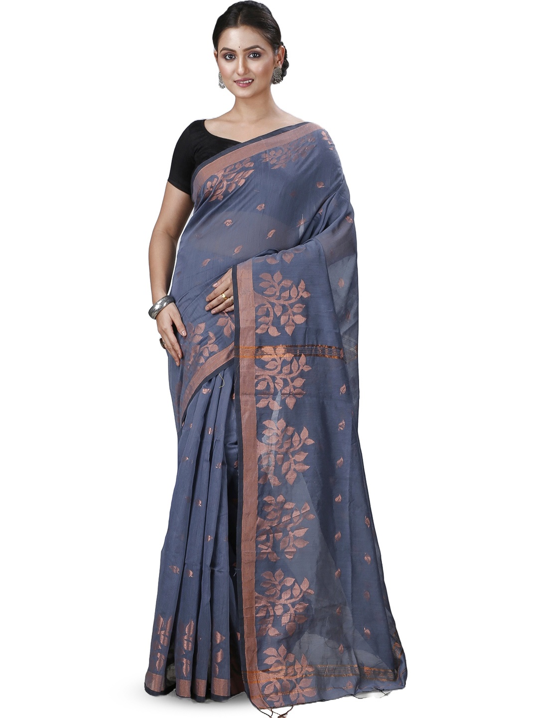 

PuJoy Ethnic Motifs Cotton Taant Saree, Grey