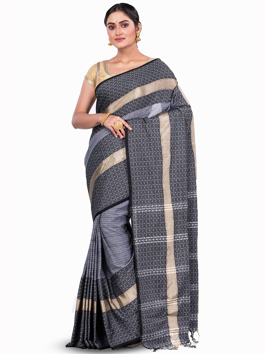 

PuJoy Woven Design Pure Cotton Taant Saree, Black