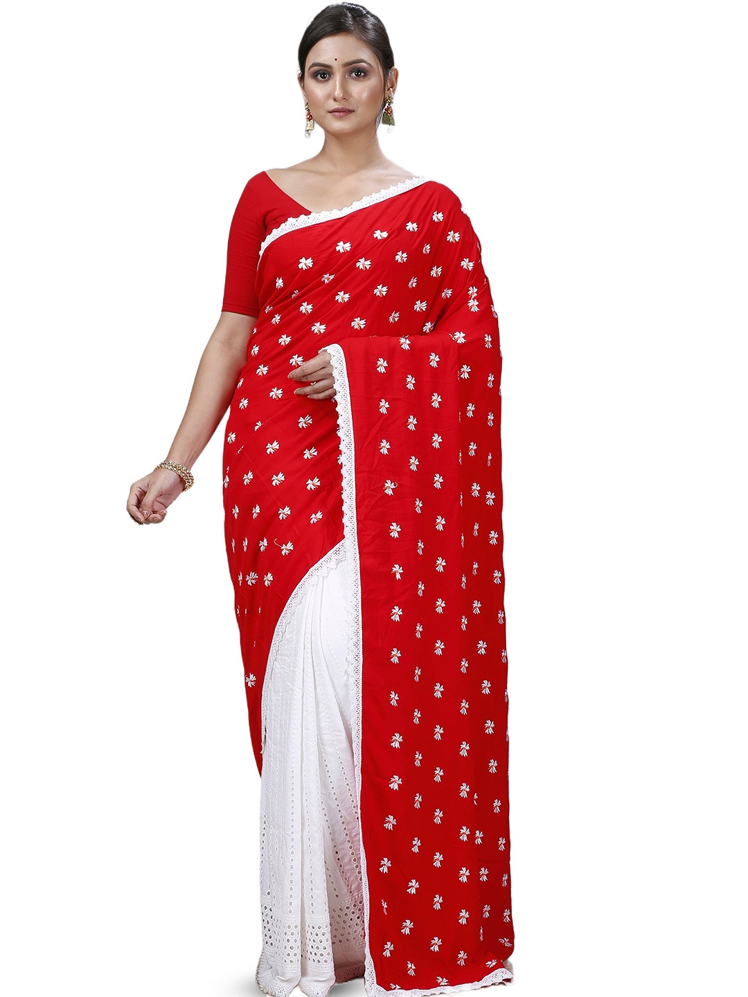 

PuJoy Floral Embroidered Pure Cotton Half and Half Taant Saree, Red