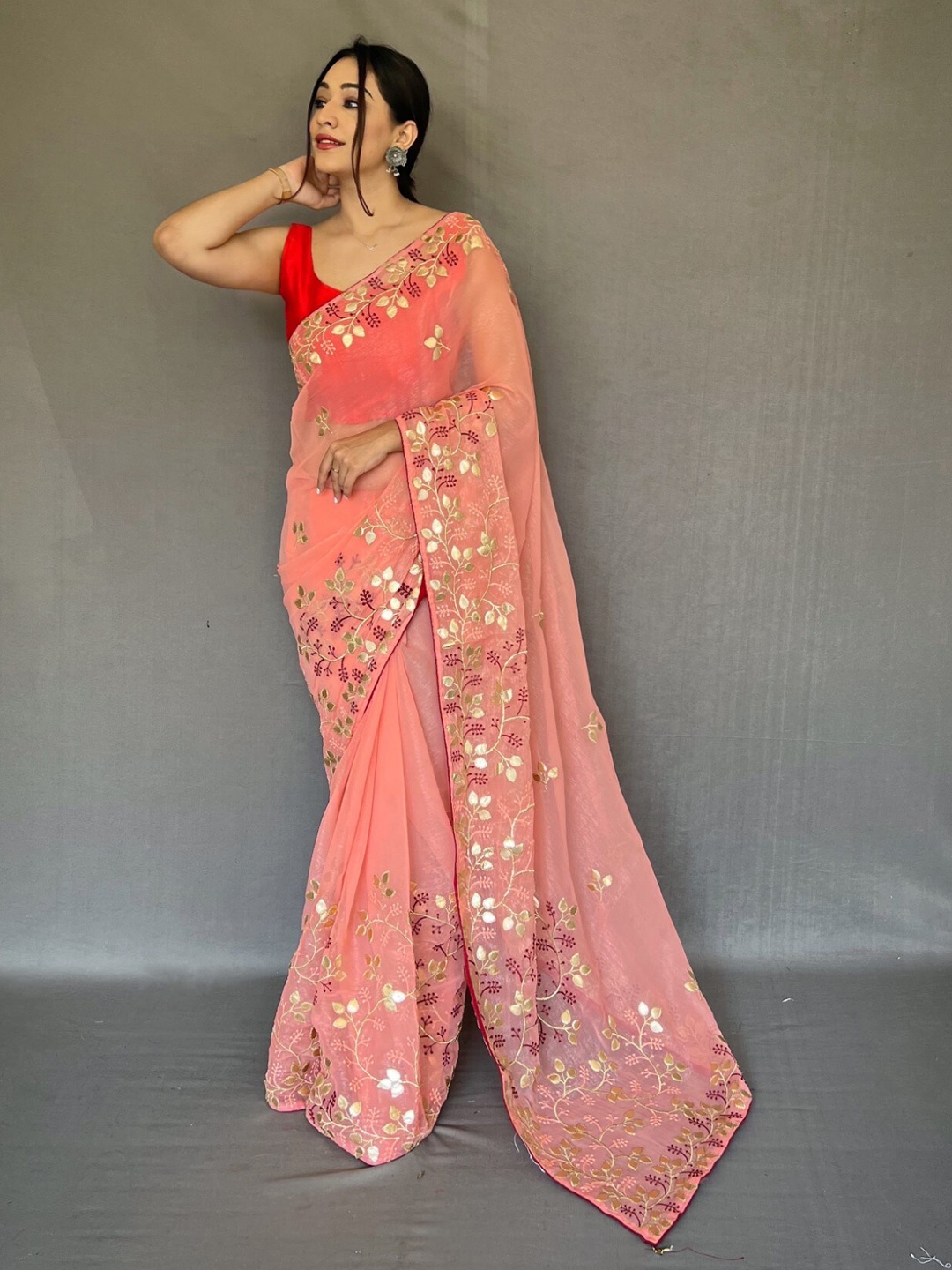 

LeeliPeeri Designer Floral Embroidered Chiffon Saree, Peach