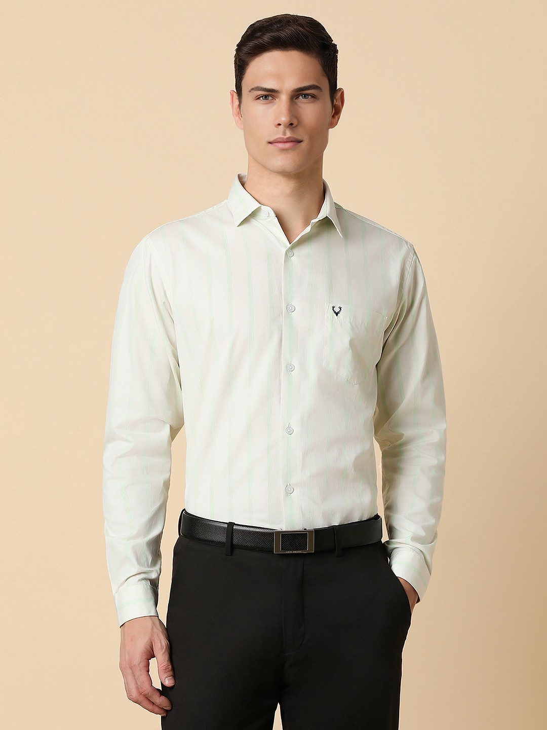 

Allen Solly Men Green Slim Fit Opaque Striped Formal Shirt