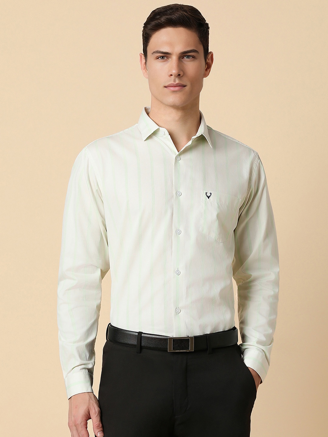 

Allen Solly Men Green Slim Fit Opaque Striped Formal Shirt