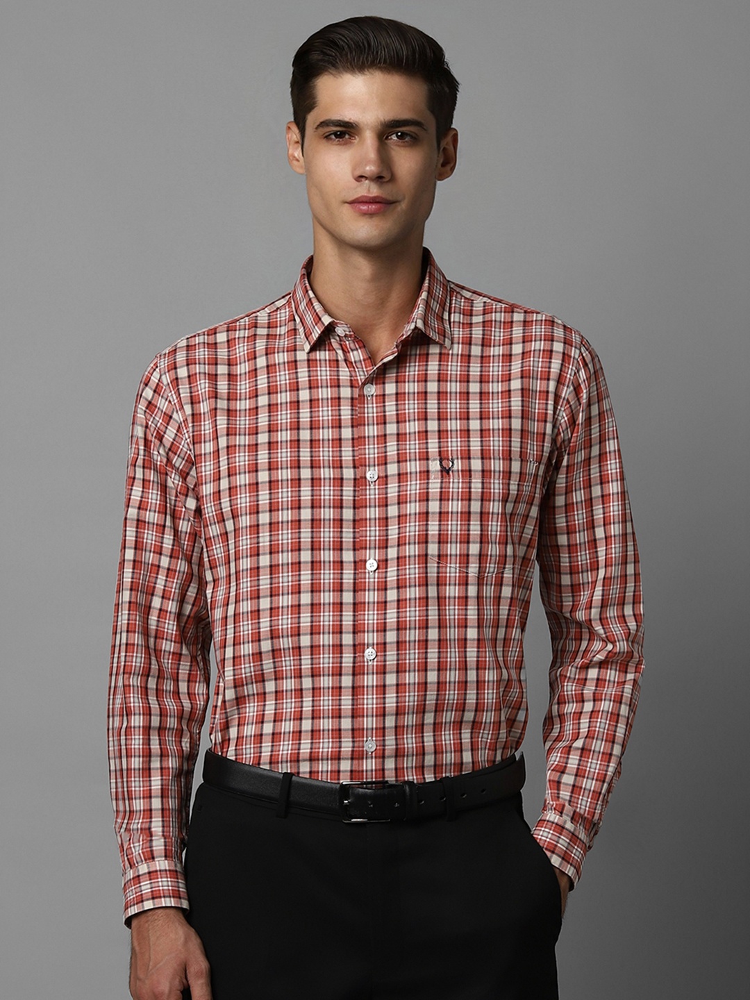 

Allen Solly Check Printed Full Sleeves Spread Collar Cotton Slim Fit Formal Shirt, Red
