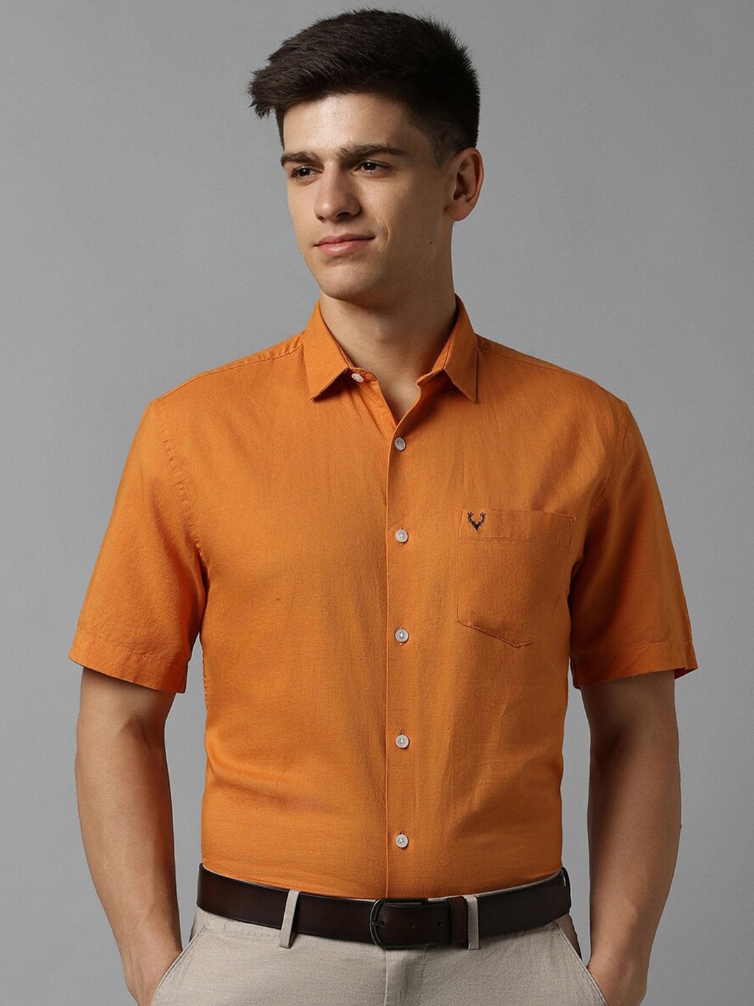 

Allen Solly Slim Fit Opaque Spread Collar Chest Pocket Half Sleeves Cotton Formal Shirt, Orange