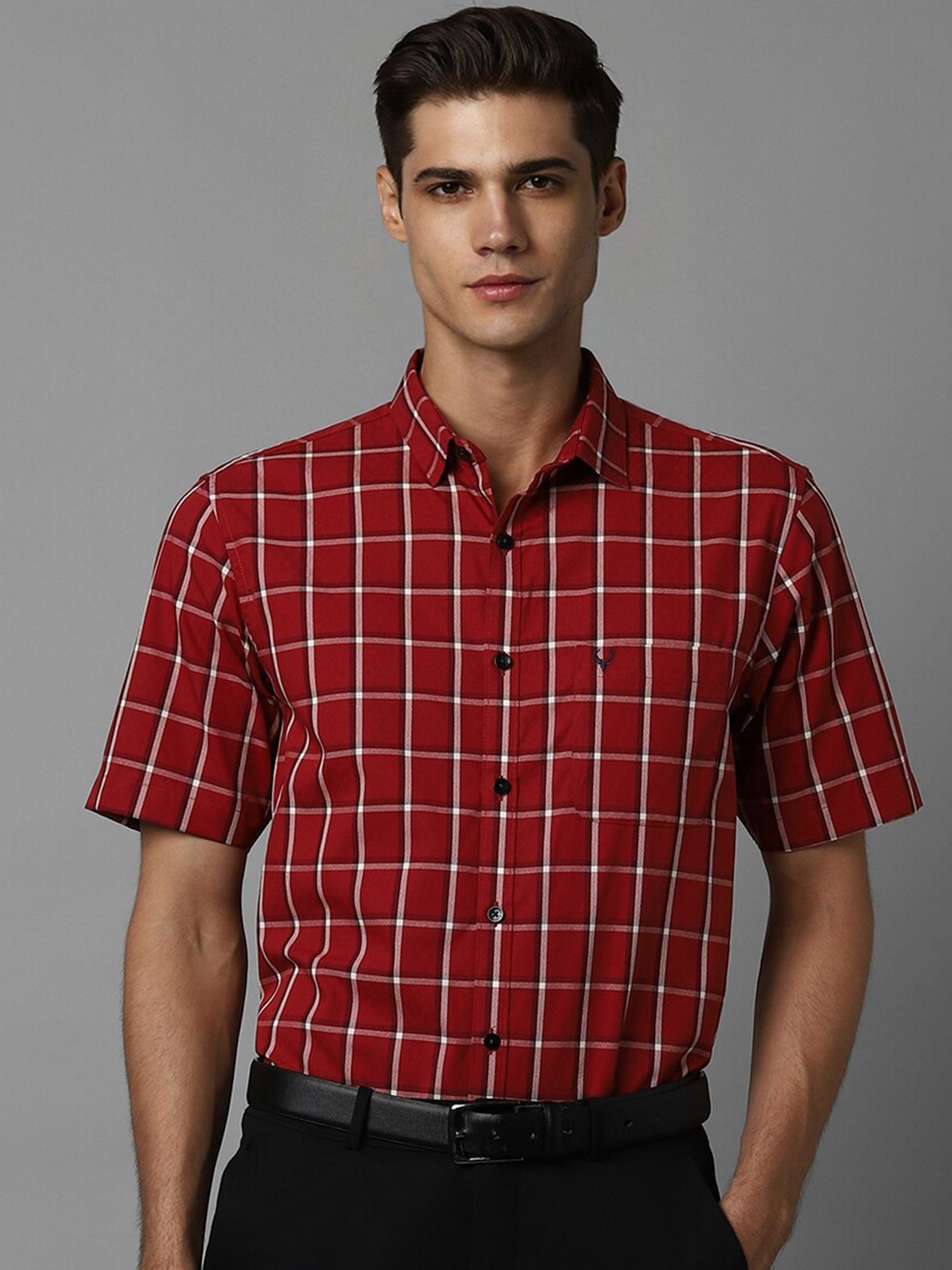 

Allen Solly Slim Fit Windowpane Checks Opaque Cotton Formal Shirt, Red