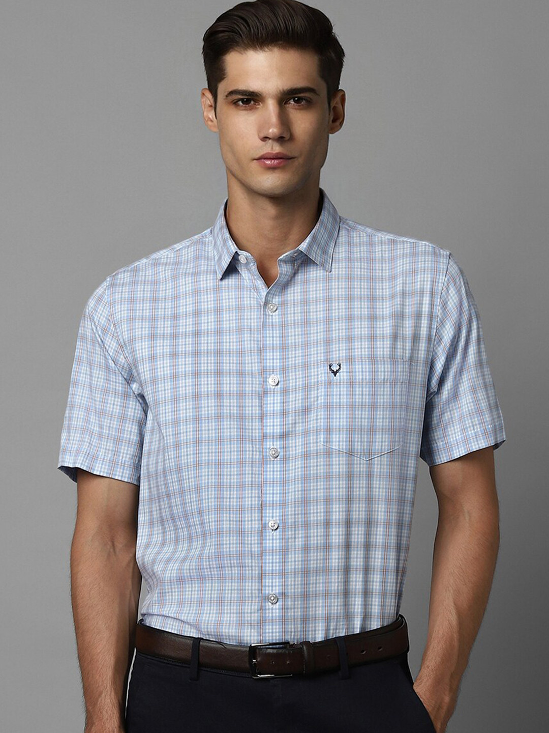 

Allen Solly Slim Fit Opaque Checked Half Sleeves Cotton Formal Shirt, Blue