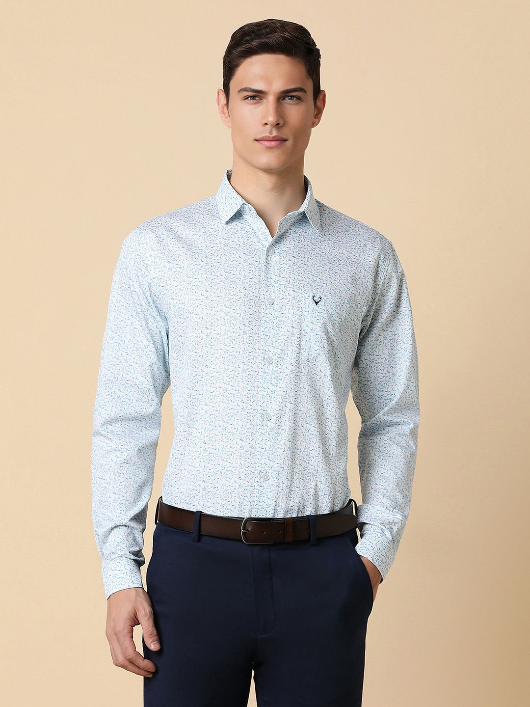 

Allen Solly Floral Printed Spread Collar Curved Cotton Slim Fit Formal Shirt, Blue