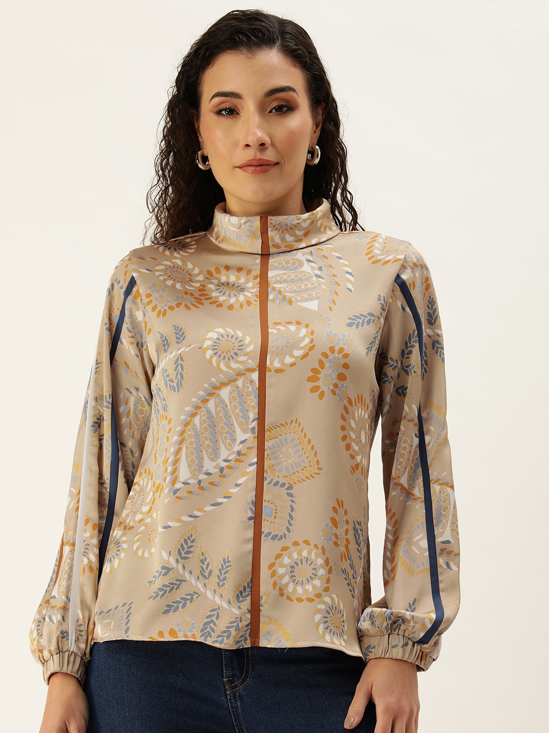 

SHECZZAR Ethnic Motifs Printed High Neck Puff Sleeves Top, Beige