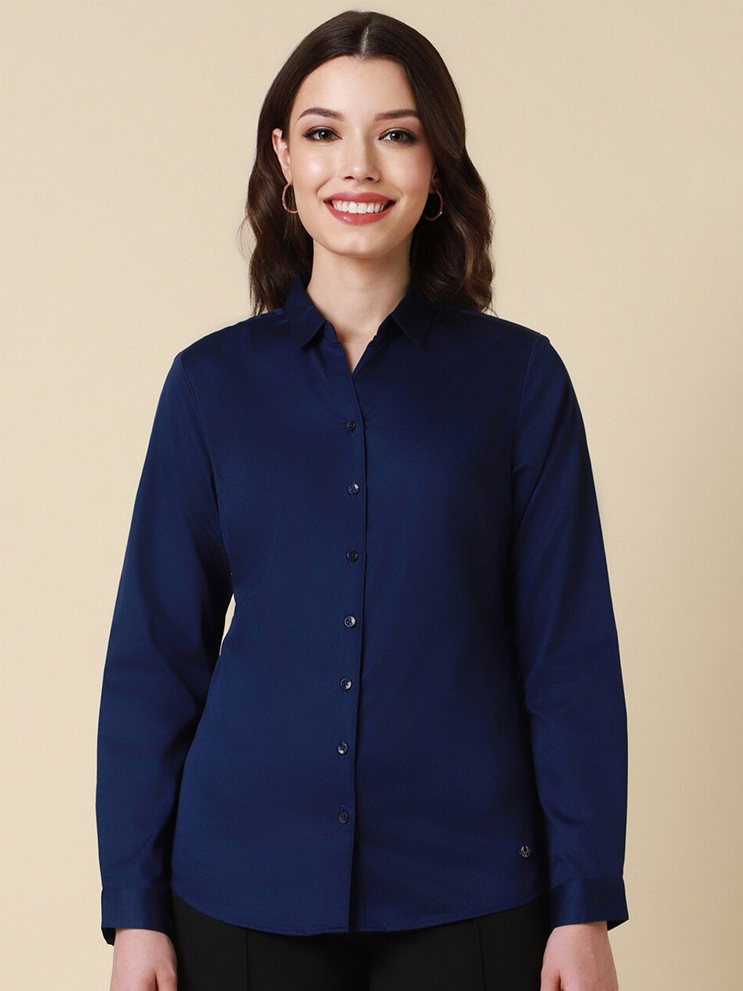 

Allen Solly Woman Spread Collar Cotton Regular Fit Curved Formal Shirt, Navy blue