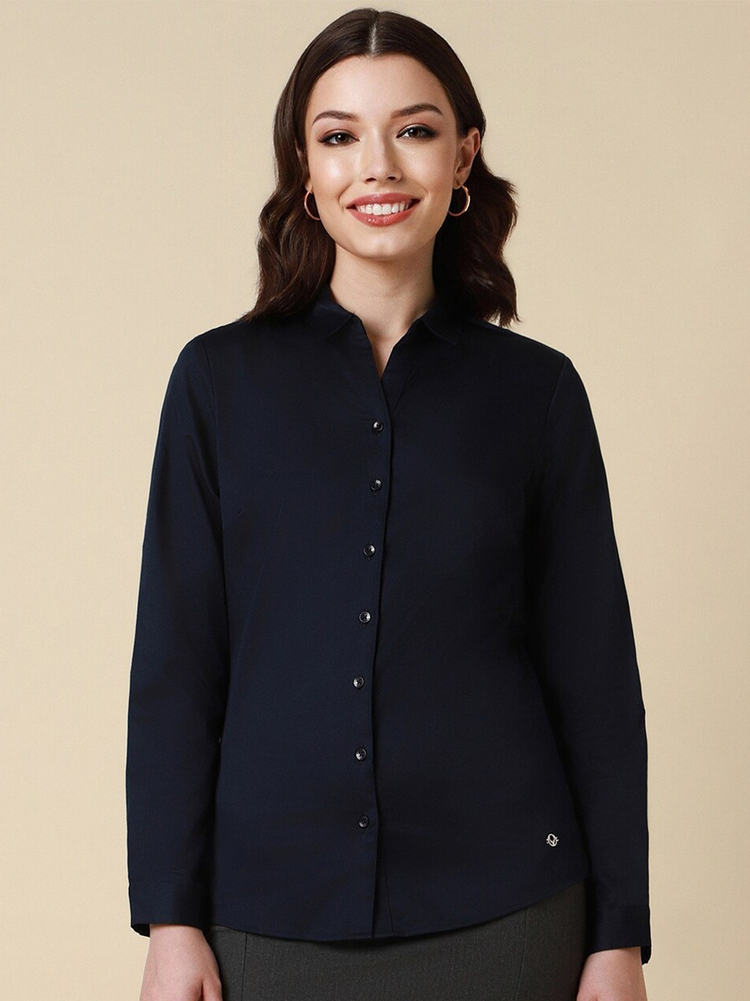 

Allen Solly Woman Spread Collar Cotton Regular Fit Curved Formal Shirt, Navy blue