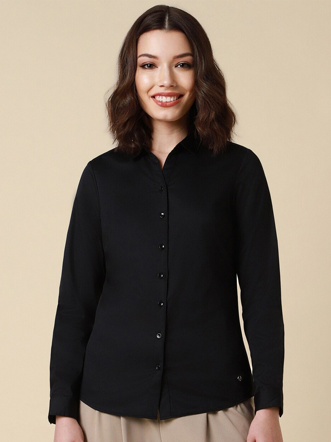 

Allen Solly Woman Spread Collar Cotton Regular Fit Curved Formal Shirt, Black