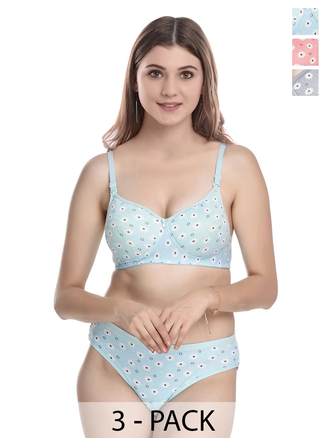 

PIBU Pack of 3 Floral Printed Lightly Padded Cotton Bra With Brief, Blue