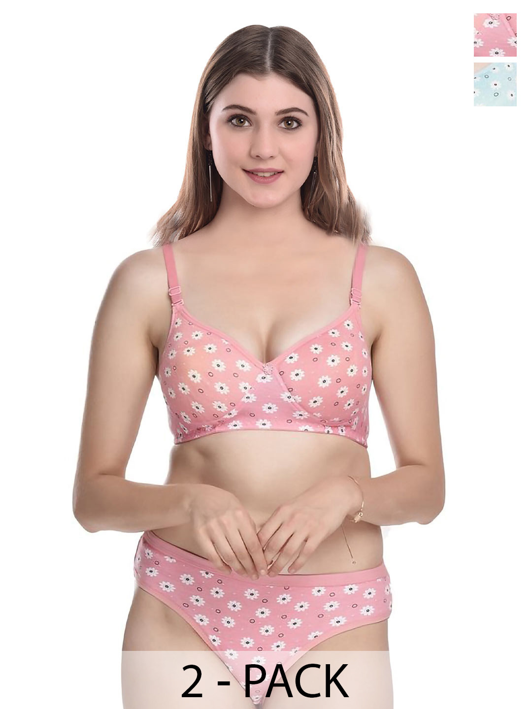 

PIBU Pack Of 2 Printed Mid-Rise Cotton Bra & Panty Set F_K_Dina Set2, Pink