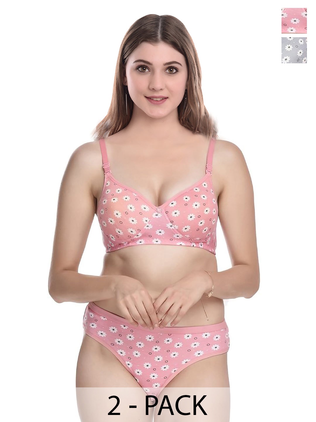 

PIBU Pack of 2 Floral Printed Lightly Padded Cotton Bra With Brief, Grey