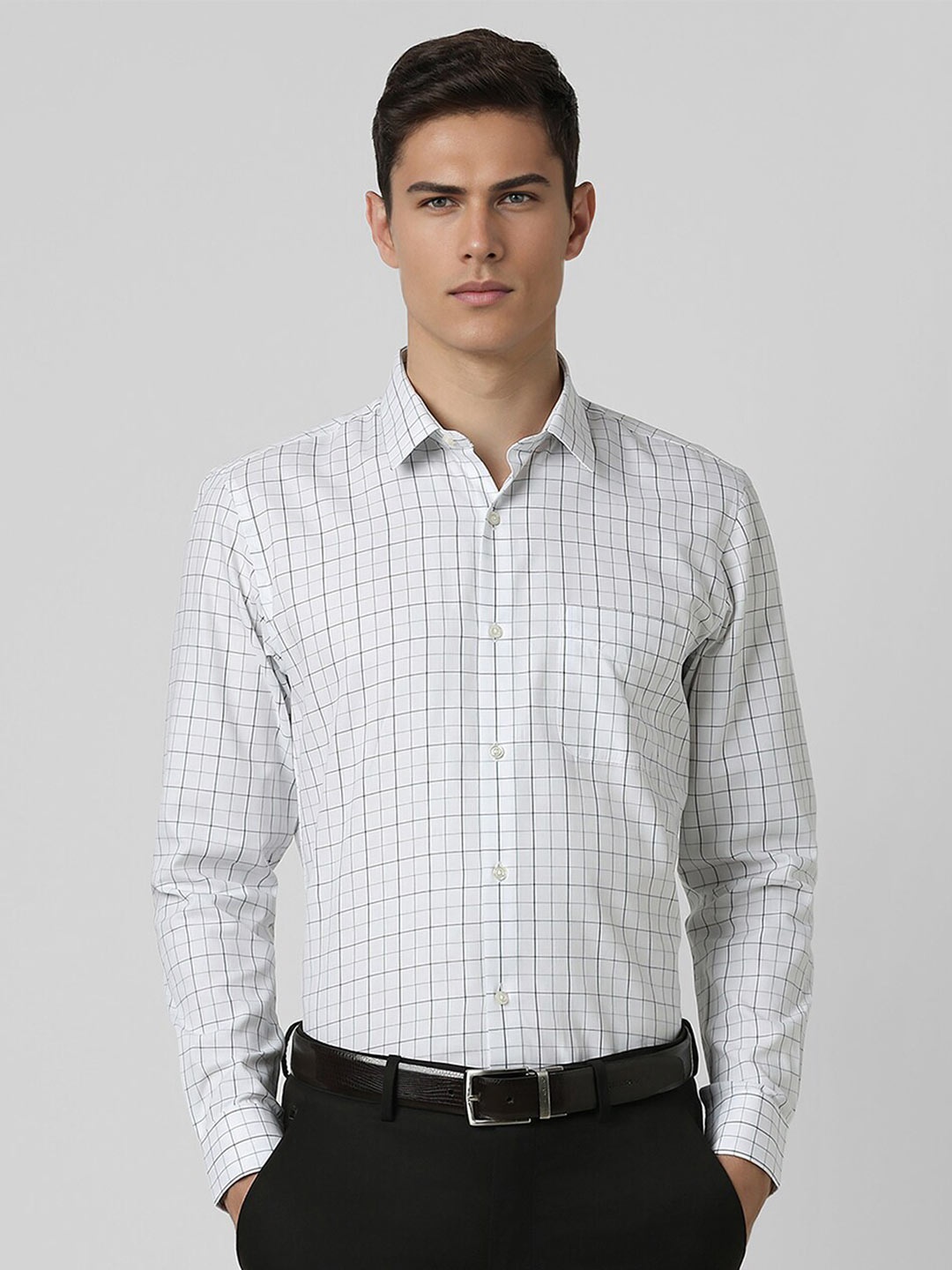 

Peter England Slim Fit Grid Tattersall Checks Opaque Checked Formal Shirt, White