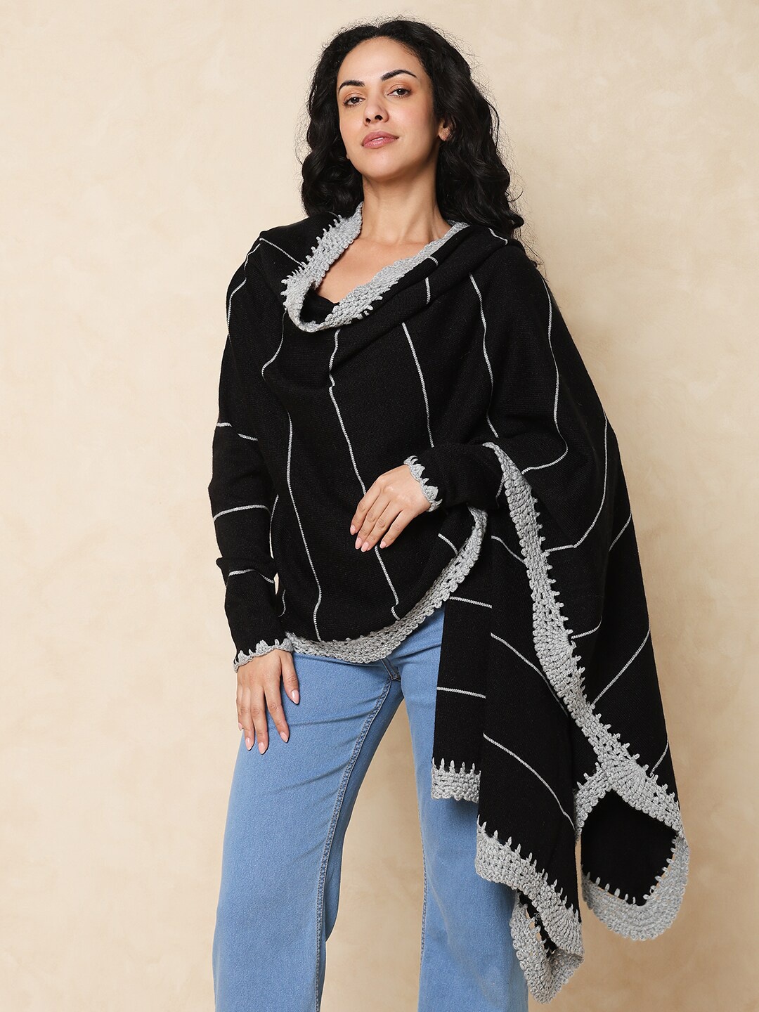 

Indifusion Vertical Striped Cowl Neck Acrylic Shawl Style Top, Black