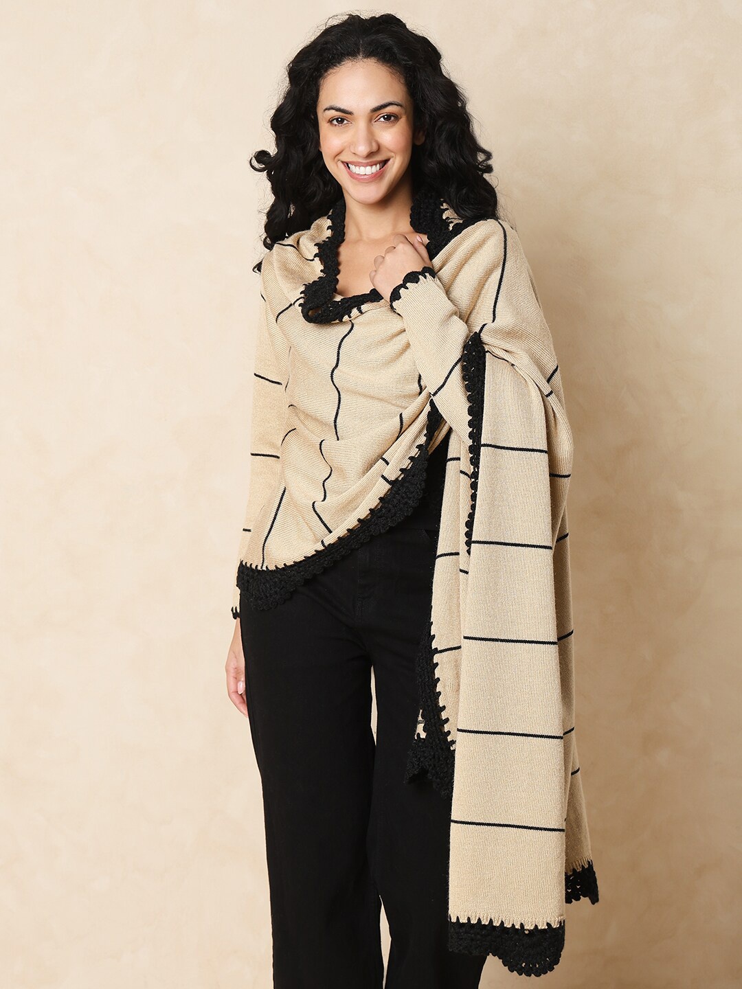 

Indifusion Vertical Striped Cowl Neck Acrylic Shawl Style Top, Beige