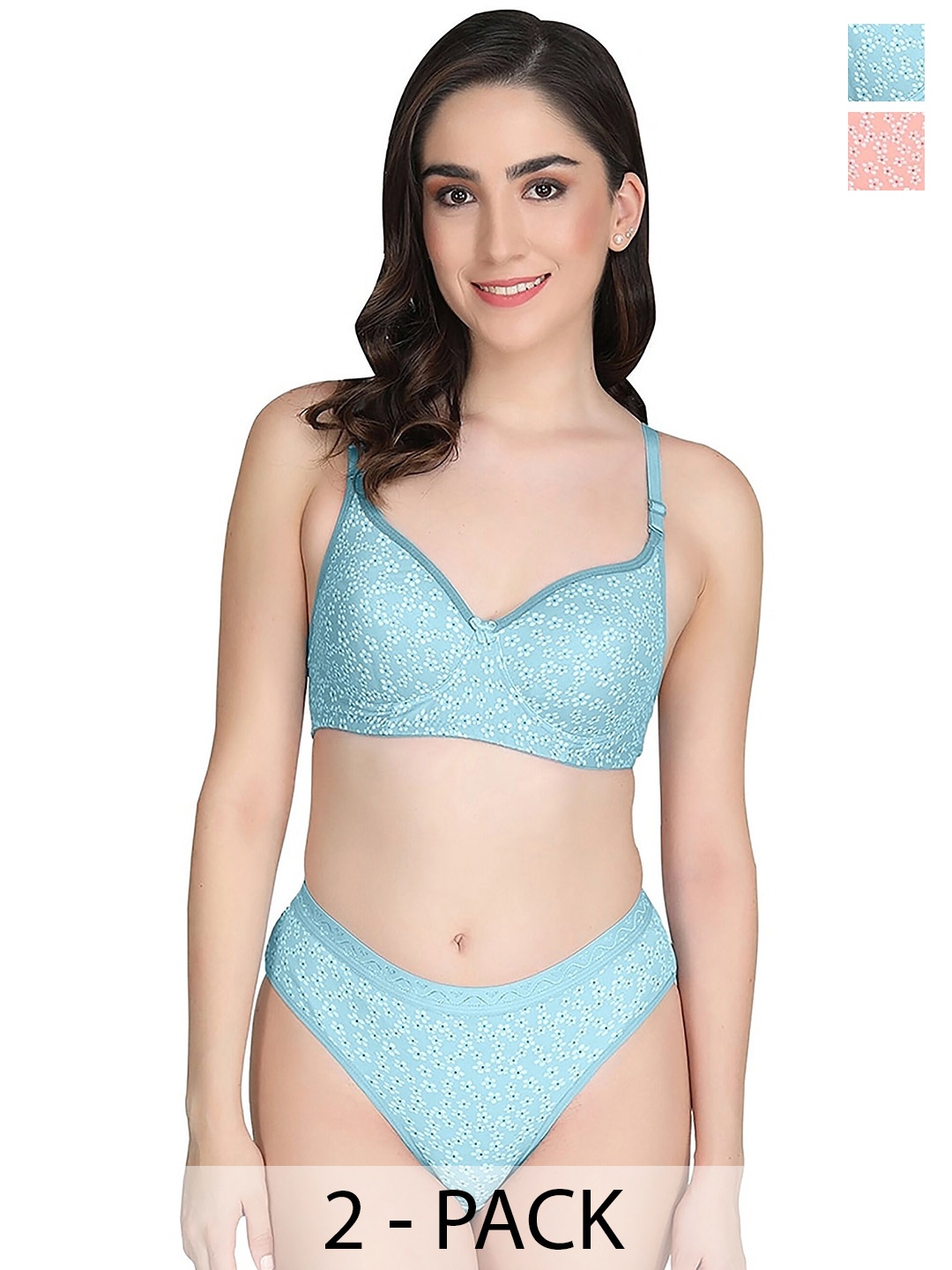PIBU Pack of 2 Printed Cotton Lingerie Set, Blue