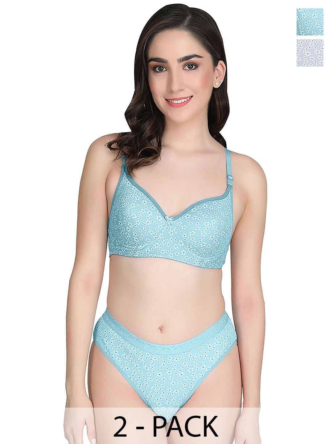 PIBU Pack Of 2 Printed Cotton Lingerie Set, Blue