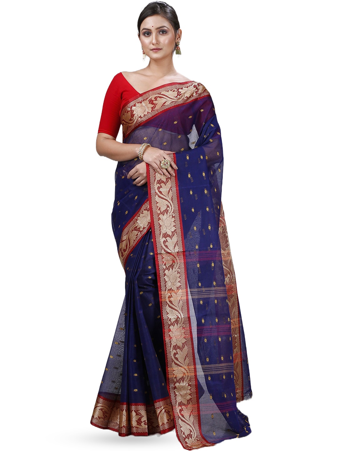 

PuJoy Woven Design Zari Pure Cotton Taant Saree, Blue