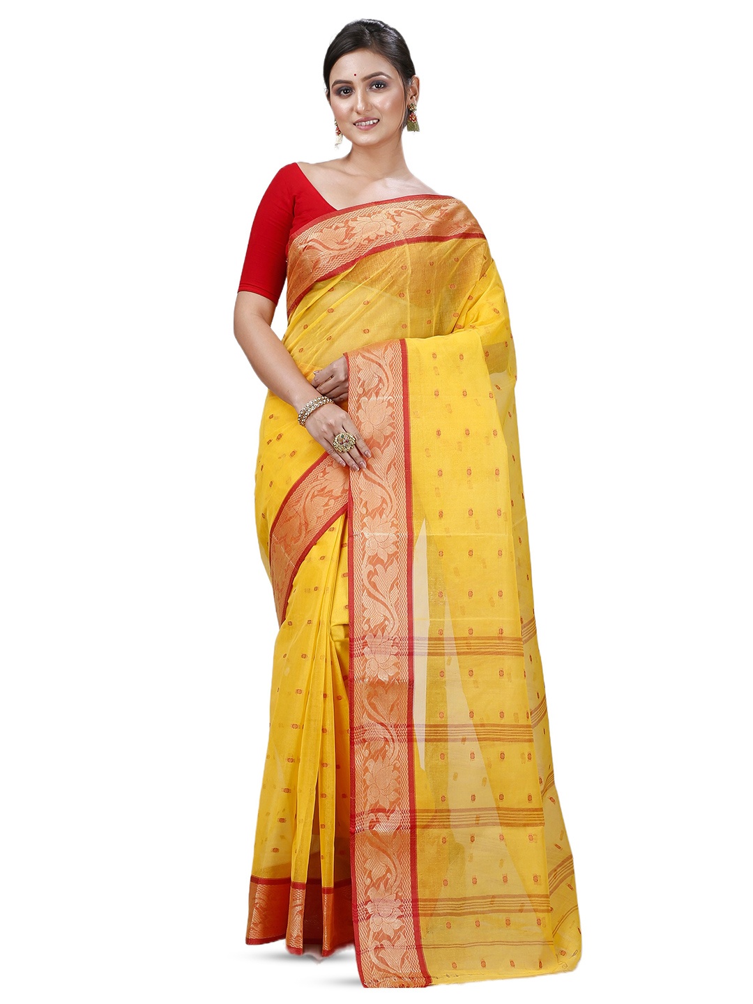 

PuJoy Woven Design Zari Pure Cotton Taant Saree, Yellow