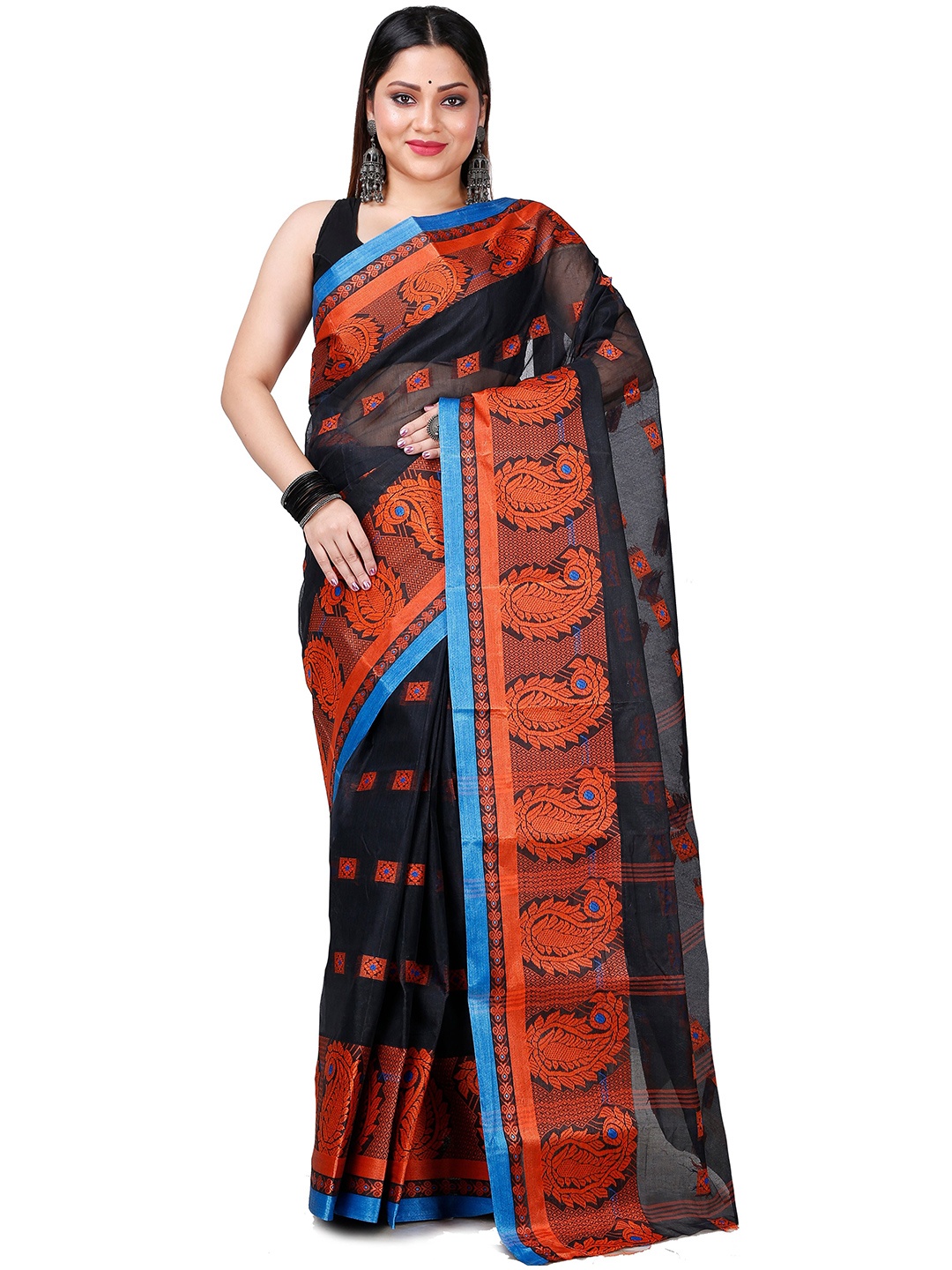 

PuJoy Ethnic Motifs Woven Design Pure Cotton Taant Saree, Black