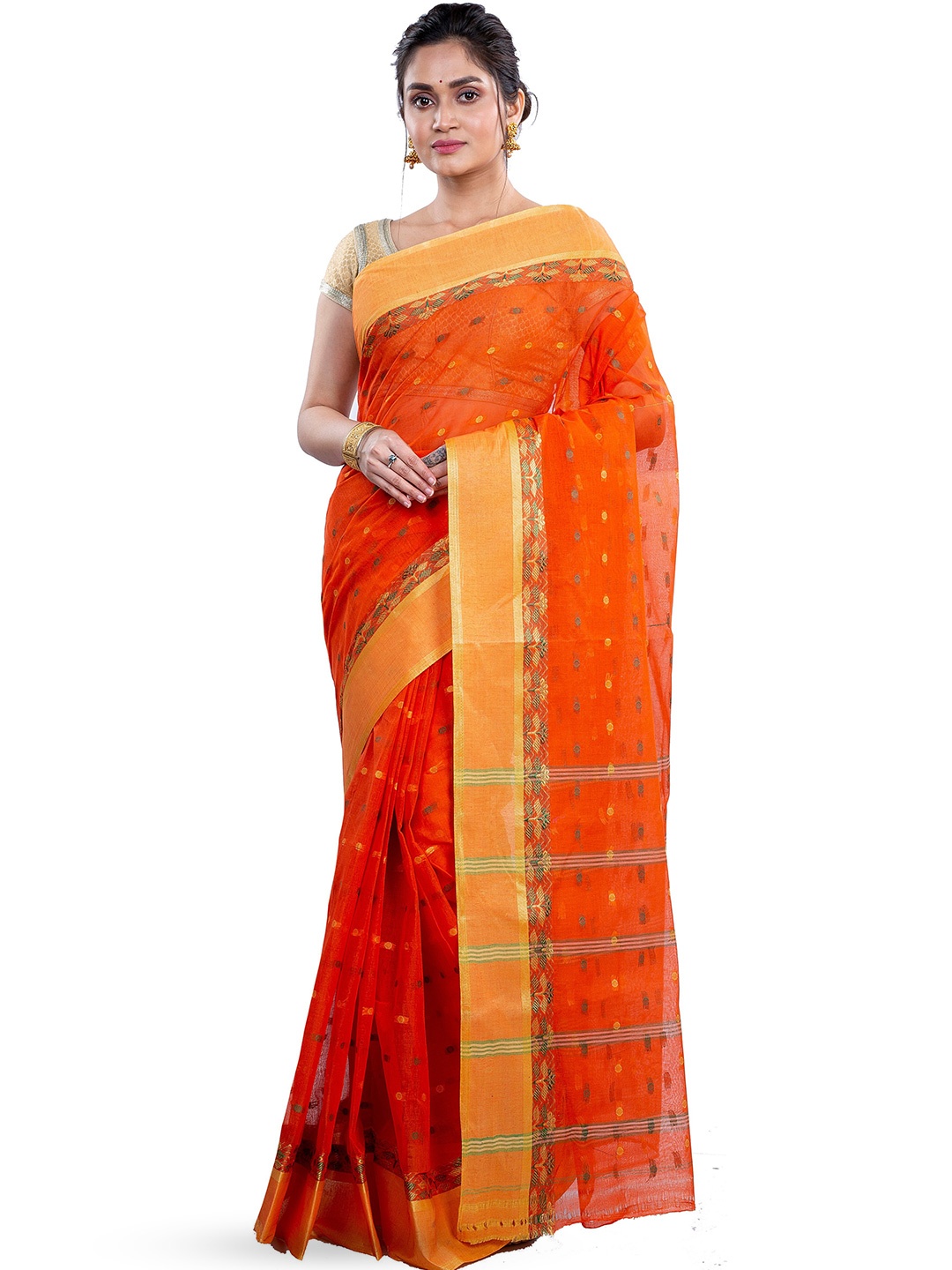 

PuJoy Ethnic Motifs Woven Design Zari Pure Cotton Taant Saree, Orange