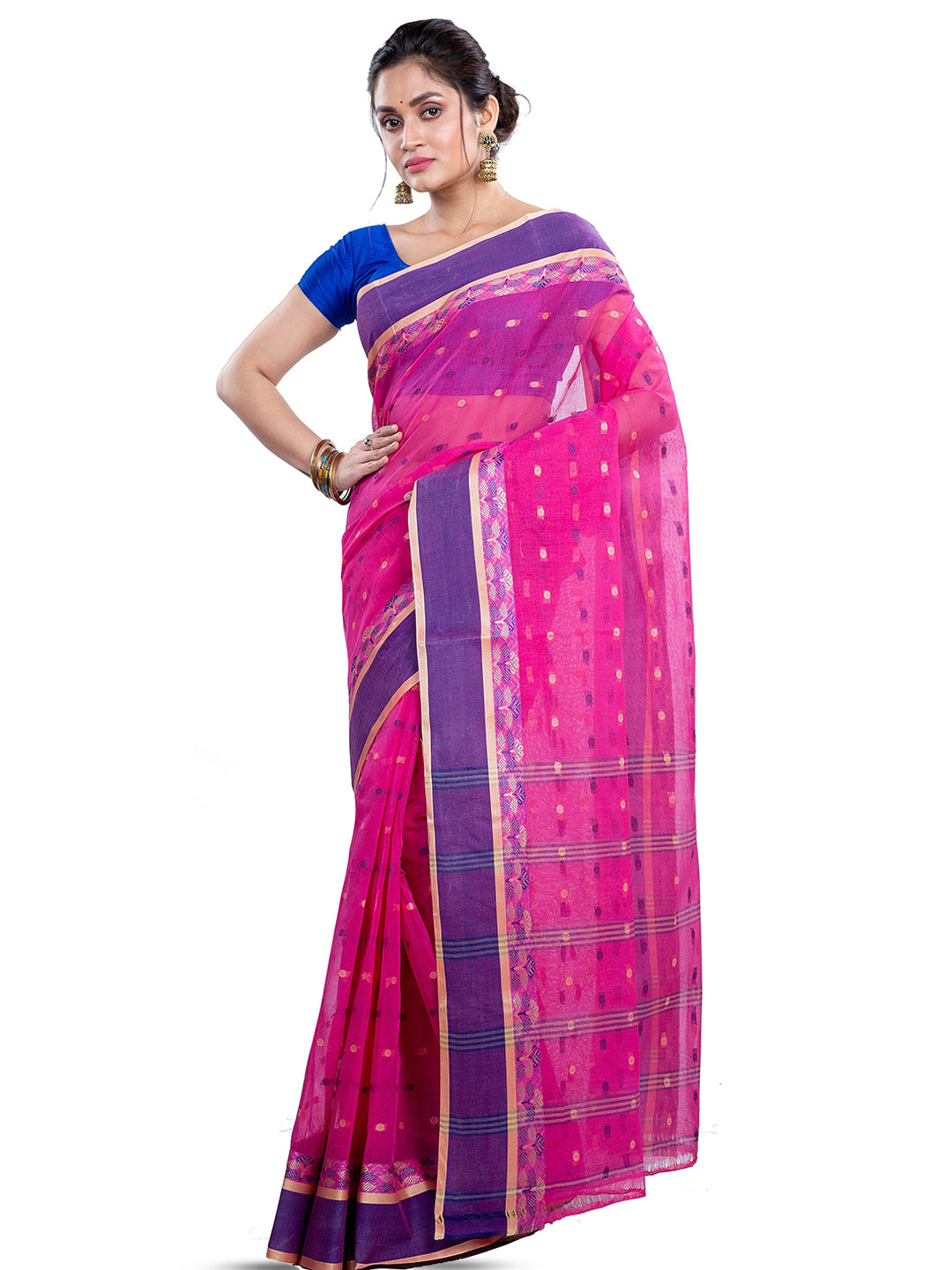 

PuJoy Woven Design Zari Pure Cotton Taant Saree, Pink