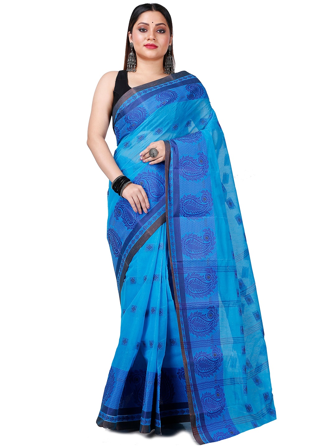 

PuJoy Woven Design Pure Cotton Taant Saree, Blue