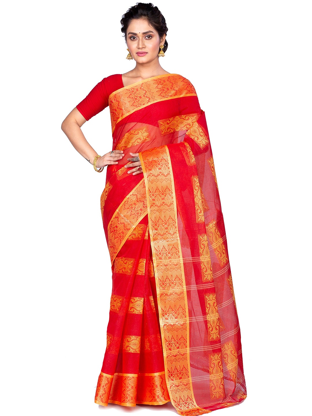 

PuJoy Woven Design Zari Pure Cotton Taant Saree, Red