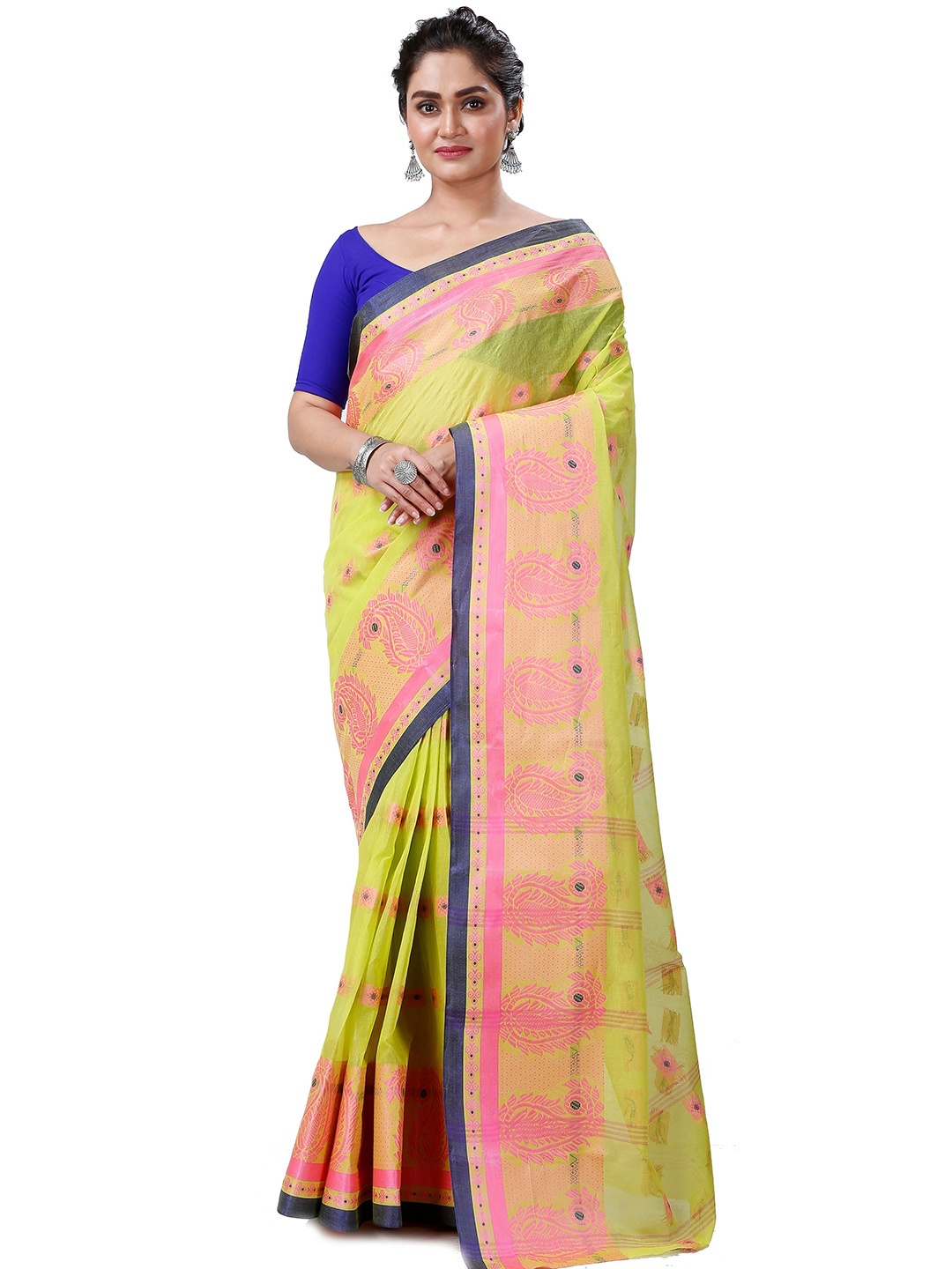 

PuJoy Ethnic Motifs Woven Design Pure Cotton Taant Saree, Green