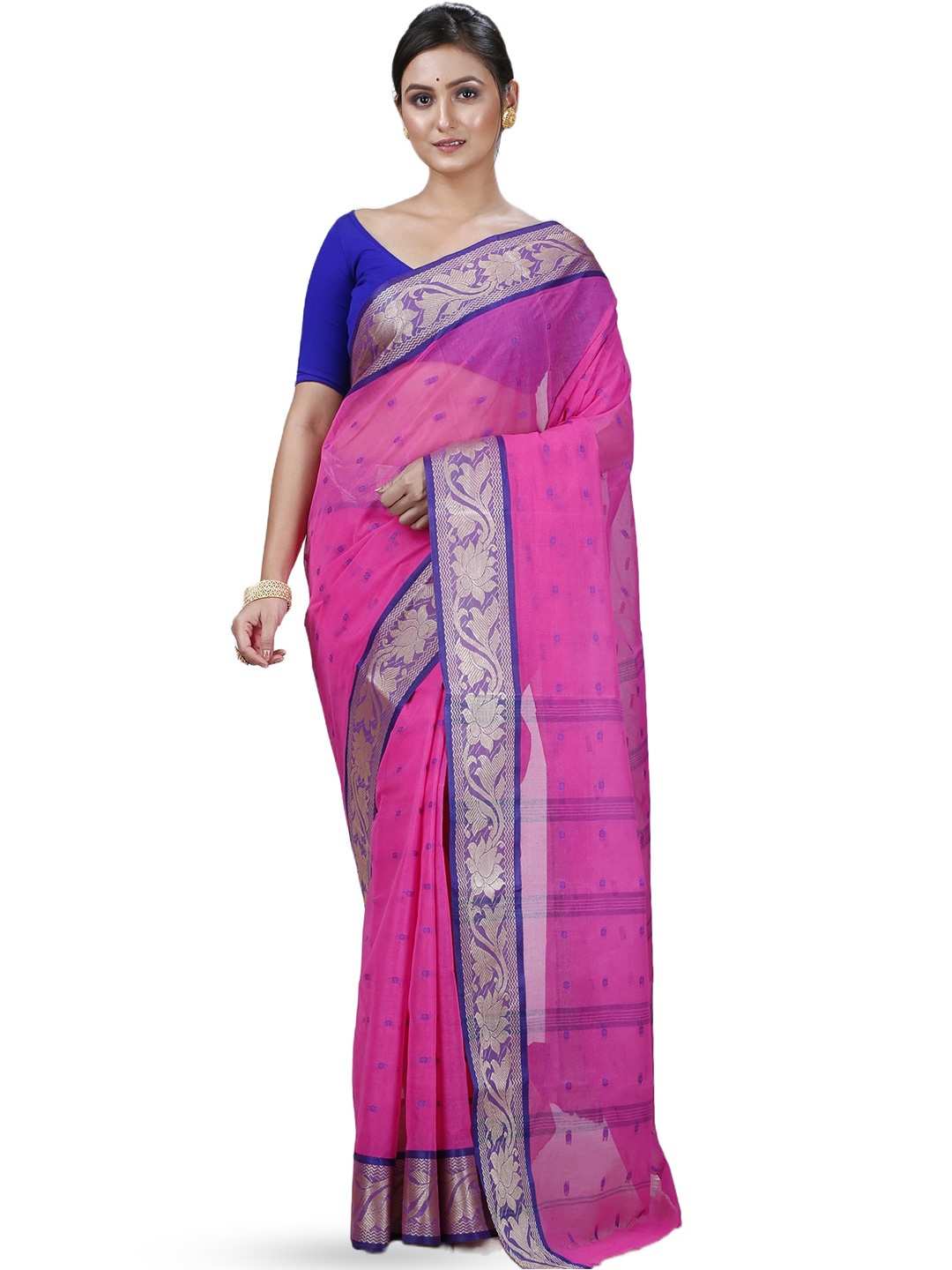 

PuJoy Ethnic Motifs Woven Design Pure Cotton Taant Saree, Pink