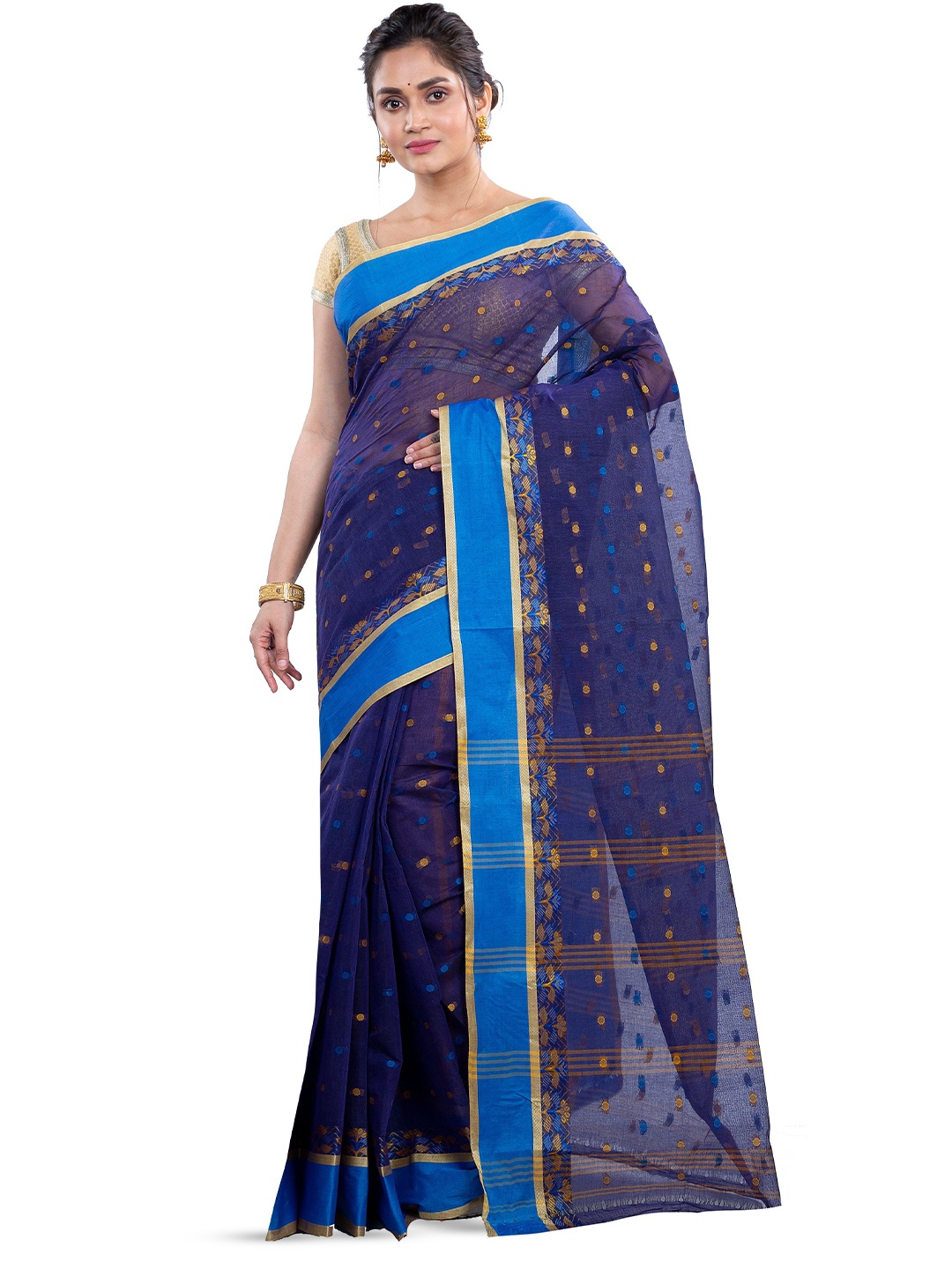 

PuJoy Woven Design Zari Pure Cotton Taant Saree, Navy blue