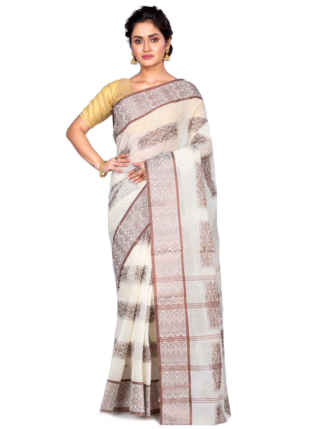 

PuJoy Floral Pure Cotton Handloom Taant Saree, Off white