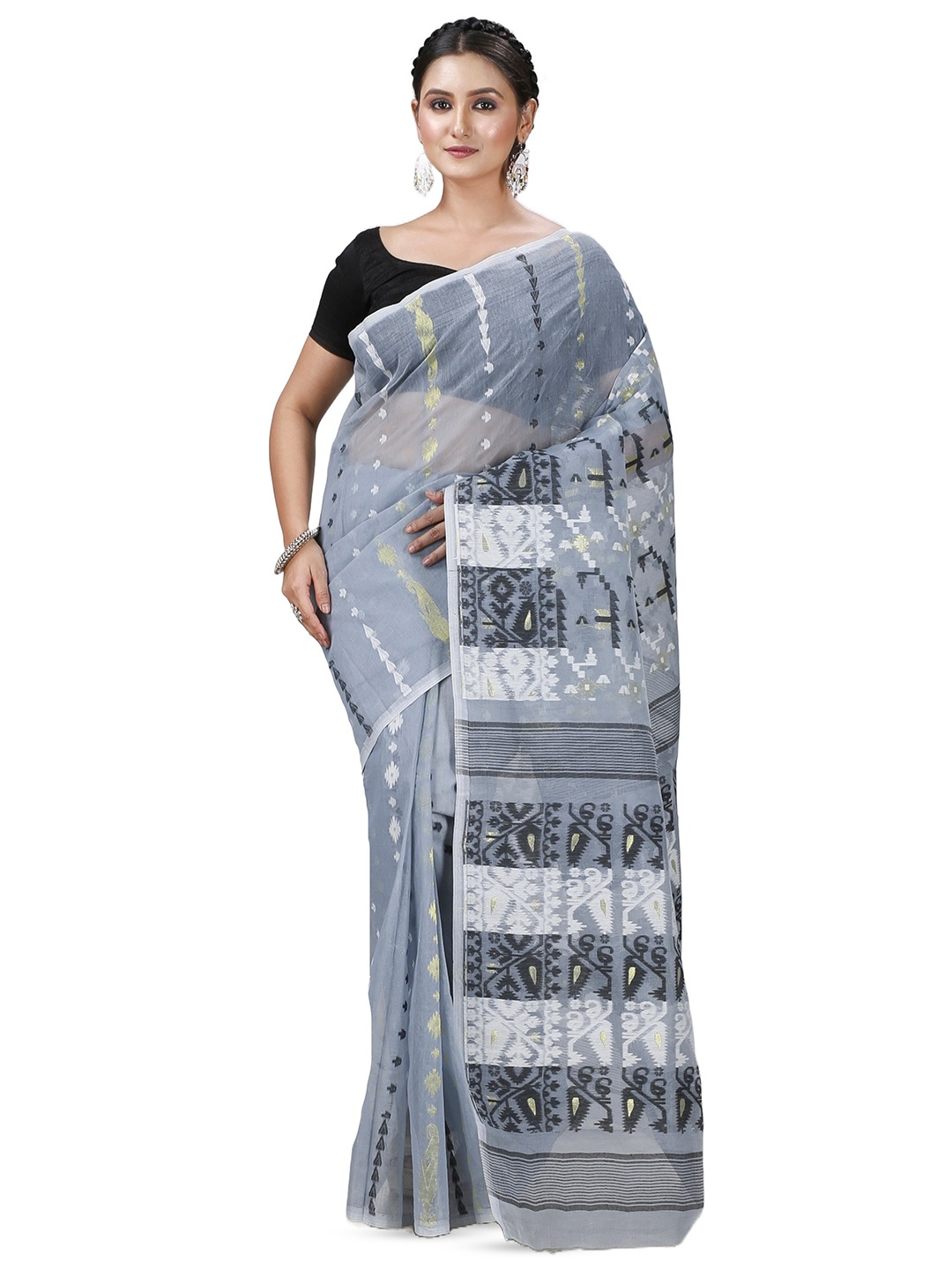

PuJoy Ethnic Motifs Woven Design Jamdani Saree, Grey