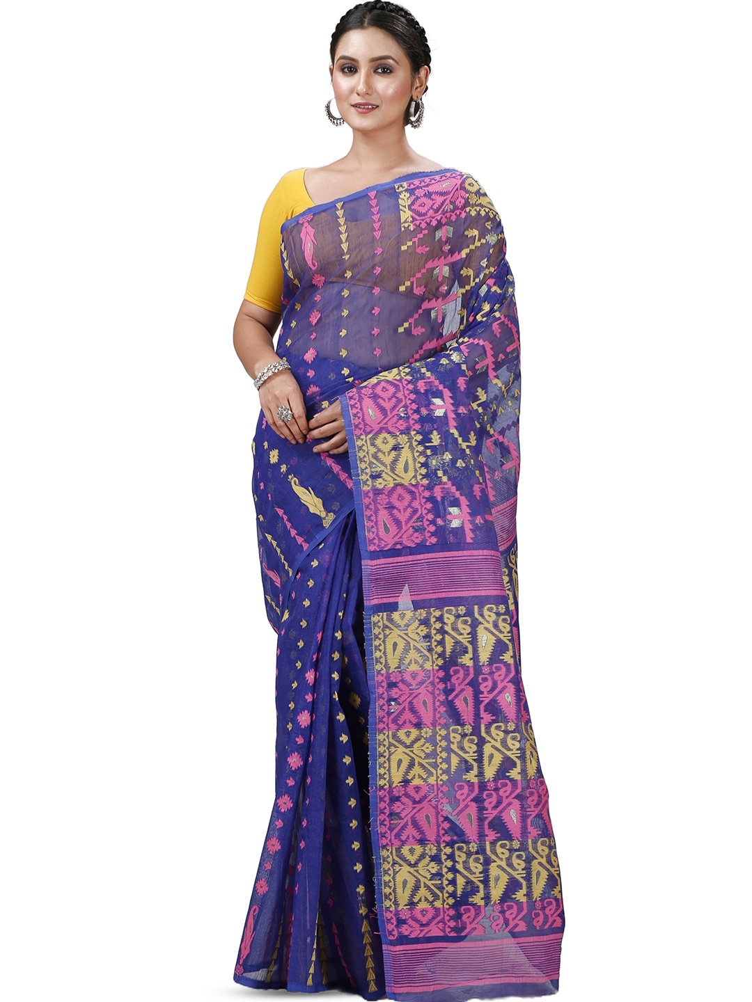 

PuJoy Ethnic Motifs Zari Pure Cotton Jamdani Saree, Blue