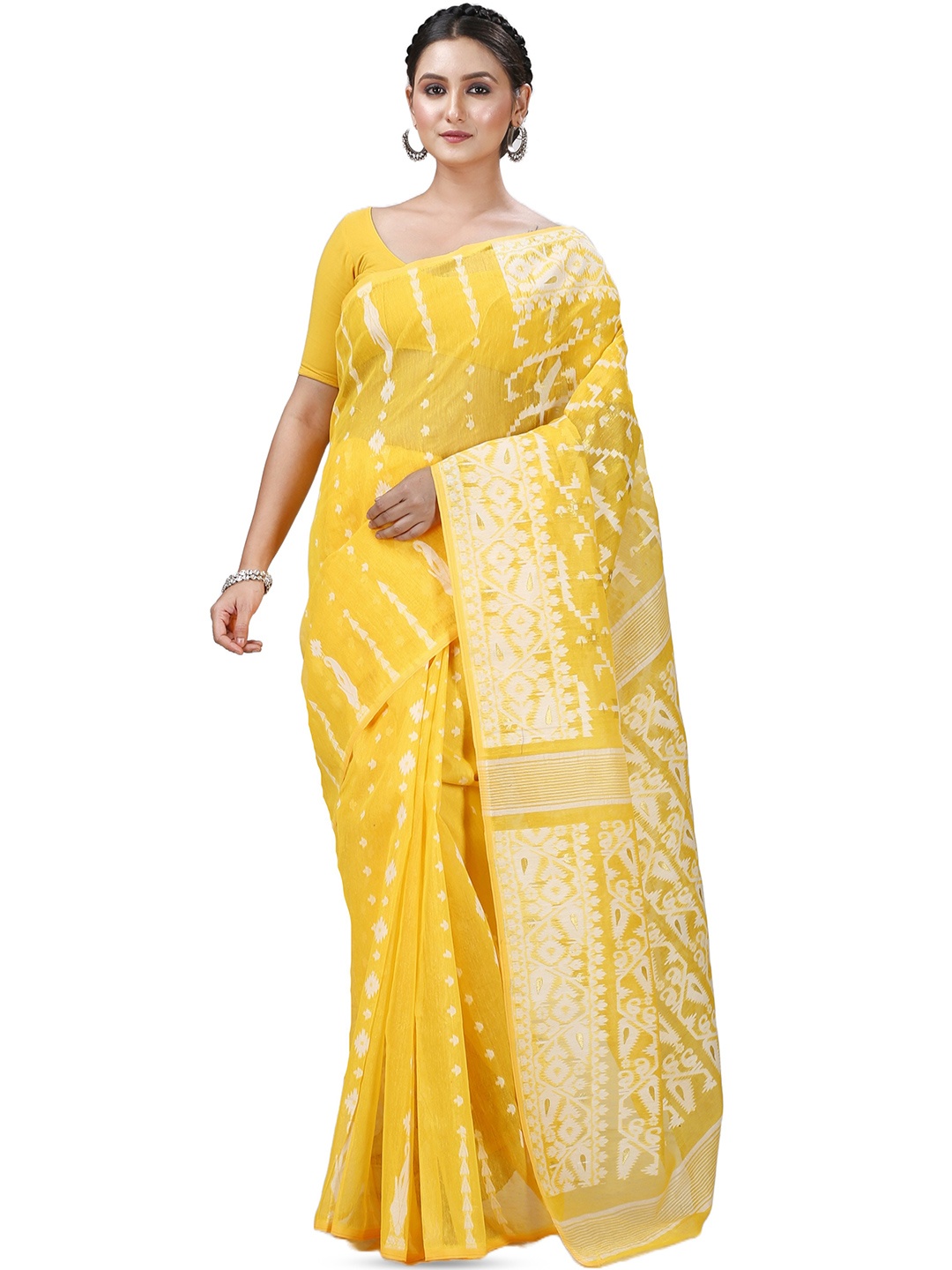 

PuJoy Woven Design Pure Cotton Jamdani Saree, Yellow