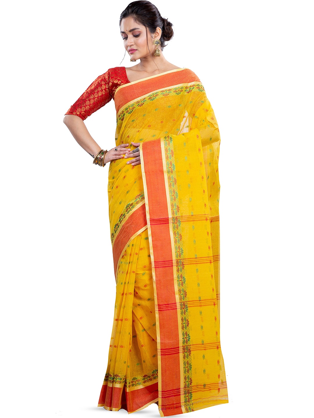 

PuJoy Floral Pure Cotton Handloom Taant Saree, Yellow