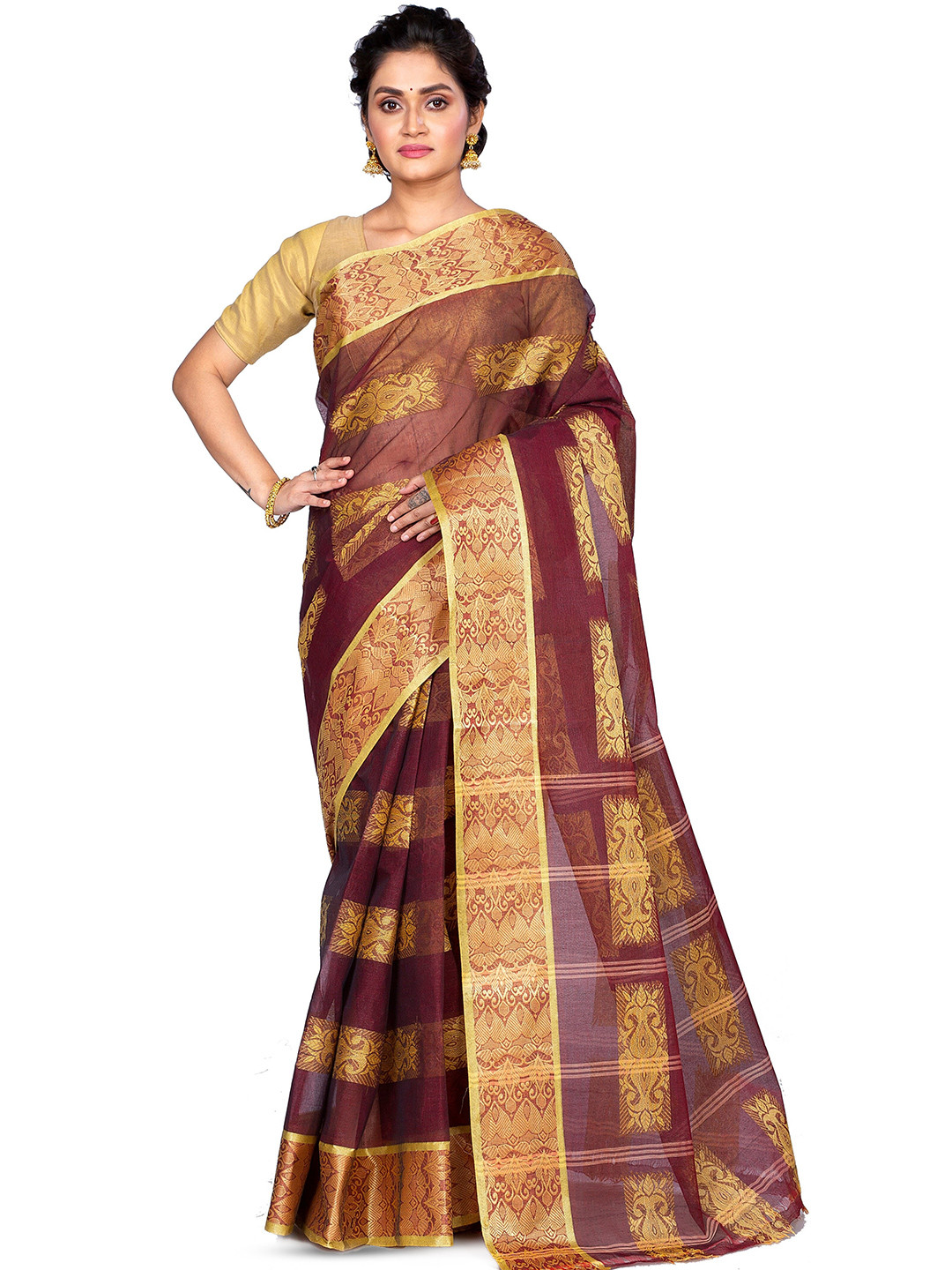 

PuJoy Woven Design Zari Pure Cotton Taant Saree, Brown