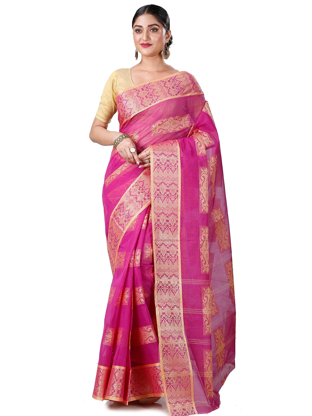 

PuJoy Floral Zari Pure Cotton Handloom Taant Saree, Purple