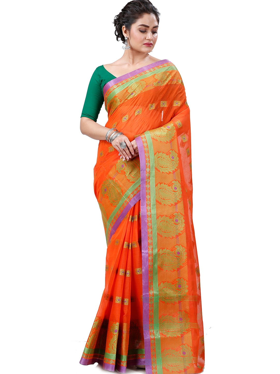 

PuJoy Woven Design Zari Pure Cotton Taant Saree, Orange