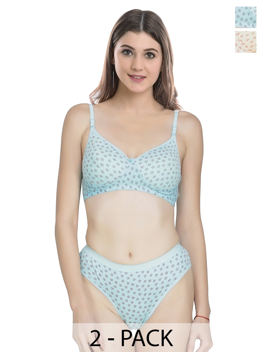 

PIBU Pack of 2 Printed Cotton Lingerie Set, Blue