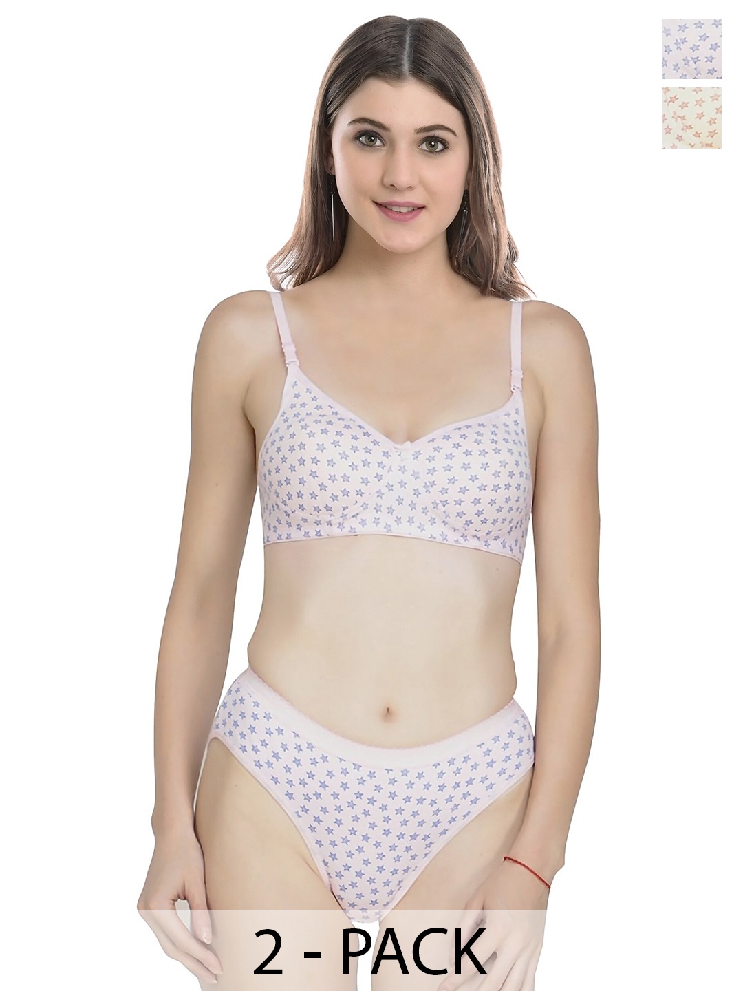 

PIBU Pack of 2 Printed Lightly Padded Non-Wired Cotton Lingerie Sets, Yellow