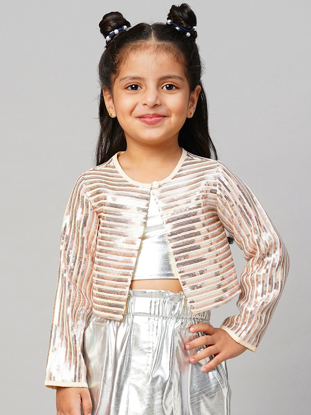 

LIL DRAMA Kids Collarless Sequinned Lightweight Crop Open Front Jacket, Gold