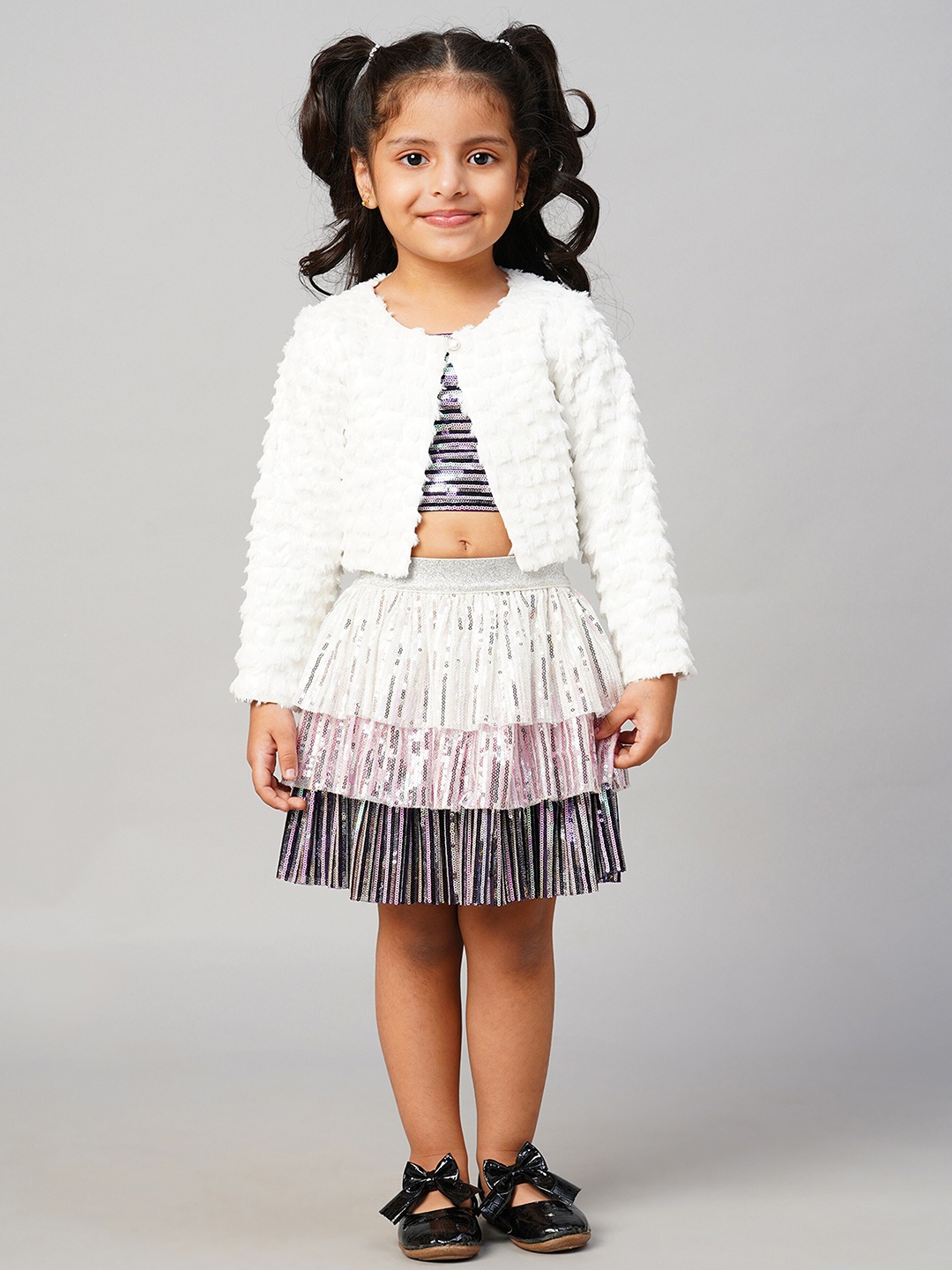 

LIL DRAMA Girls Self Design Lightweight Crop Tailored Jacket, White