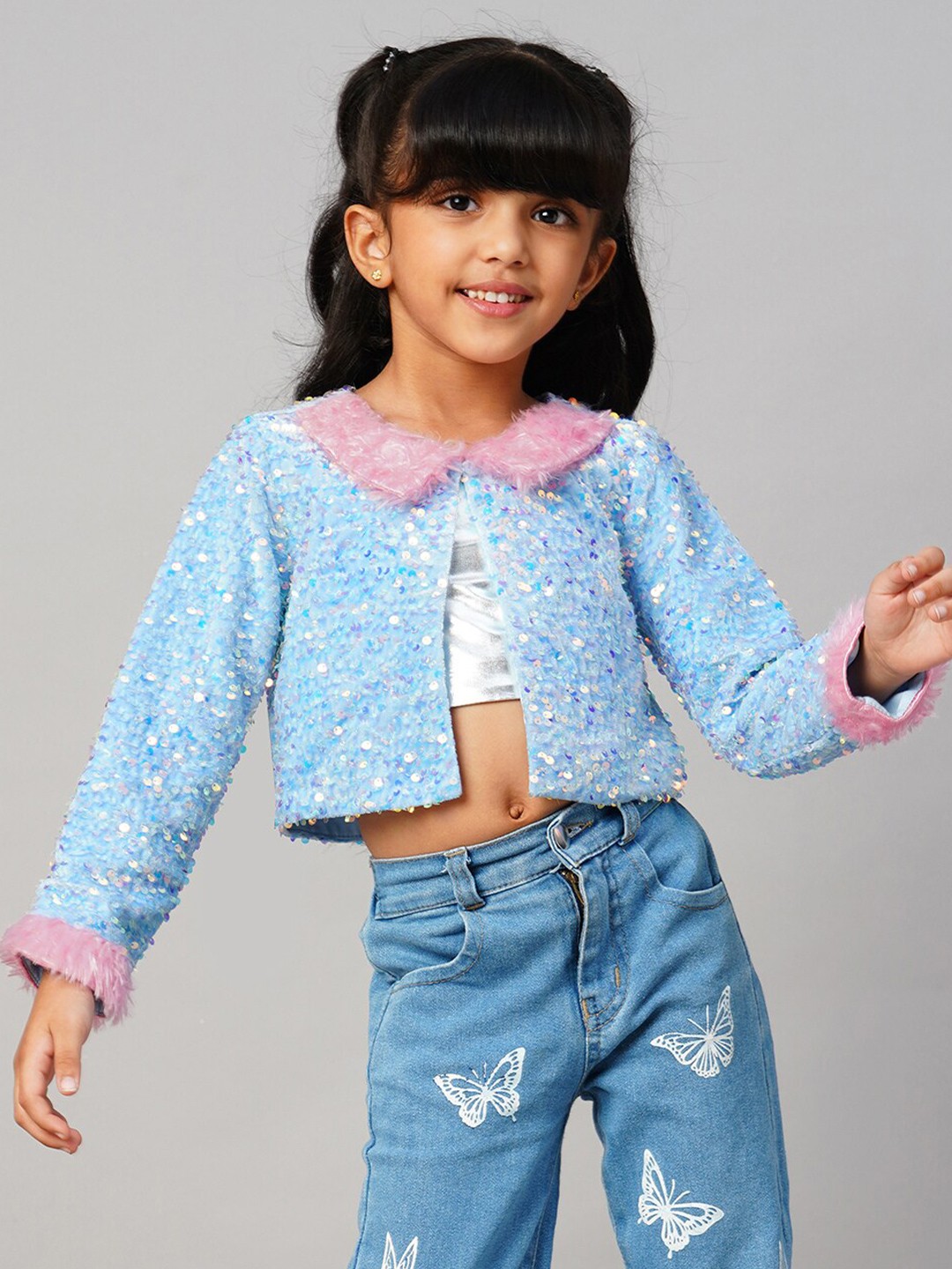 

LIL DRAMA Girls Sequinned Embellished Lightweight Tailored Jacket, Blue